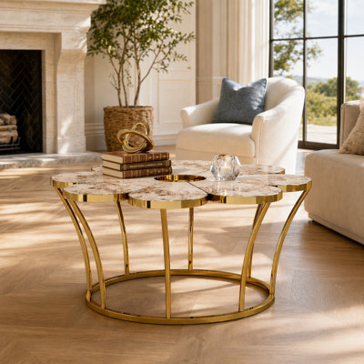 Table basse moderne en forme de fleur 39 po, plateau en pierre frittée avec base en acier inoxydable doré