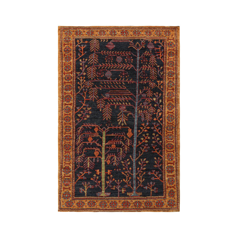 Rug & Kilim’s Tribal Rug In Navy Blue, With Colorful Floral Patterns, Runner 3' x 12'