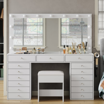 15 Drawers Vanity Desk, Makeup Vanity with Charging Station,  Dressing Table with Lighted Mirror, 3 Lighting Modes, Brightness Adjustable, Glass Top, Vanity Table with Chair