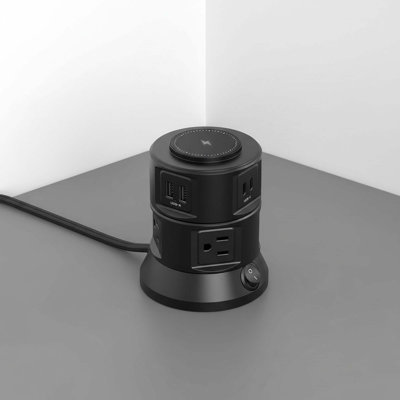 Wireless charger dual layer rotatable surge protector tower 6 AC 4 USB 2 USB C charging station home office dorm