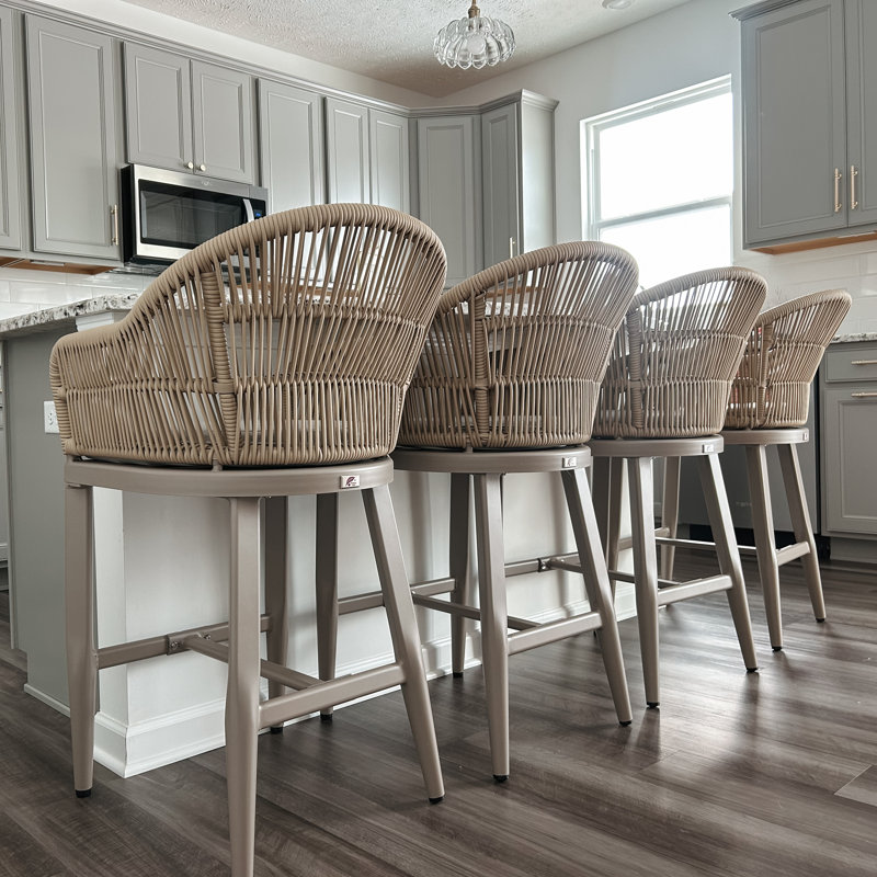Corrigan Studio Outdoor Rattan Bar Height Stools Set Of 2 Modern Patio Aluminum Wicker Barstools With Wraparound Armrest Back For Kitchen Garden Indoor