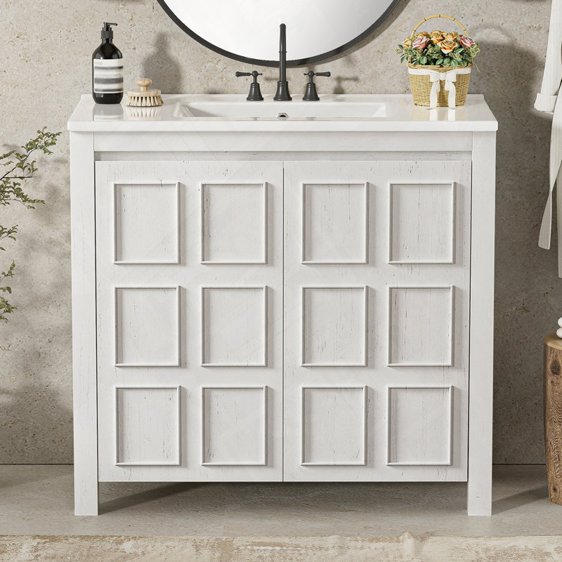 Structure de meuble-lavabo pour salle de bain avec meuble-lavabo en céramique, Blanc antique
