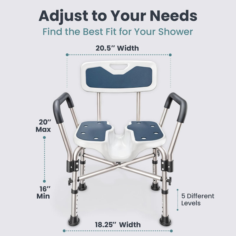 Shower Chair U-Shape Seat (450Lb) Heavy Duty - Padded Armrests And Back, Shower Chairs For Elderly And Disabled, Handicap, Shower Chair For Inside Shower, Adjustable Height - Blue