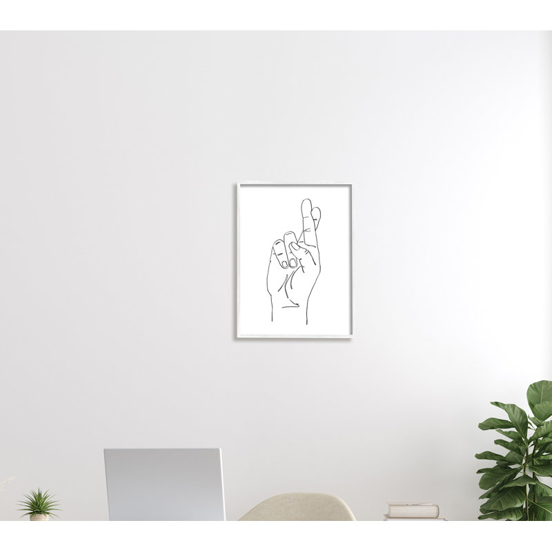 Main avec les doigts croisés - reproduction de dessin, H 14 po x l 11 po x P 1,5 po, Giclée encadrée blanc bord de mer