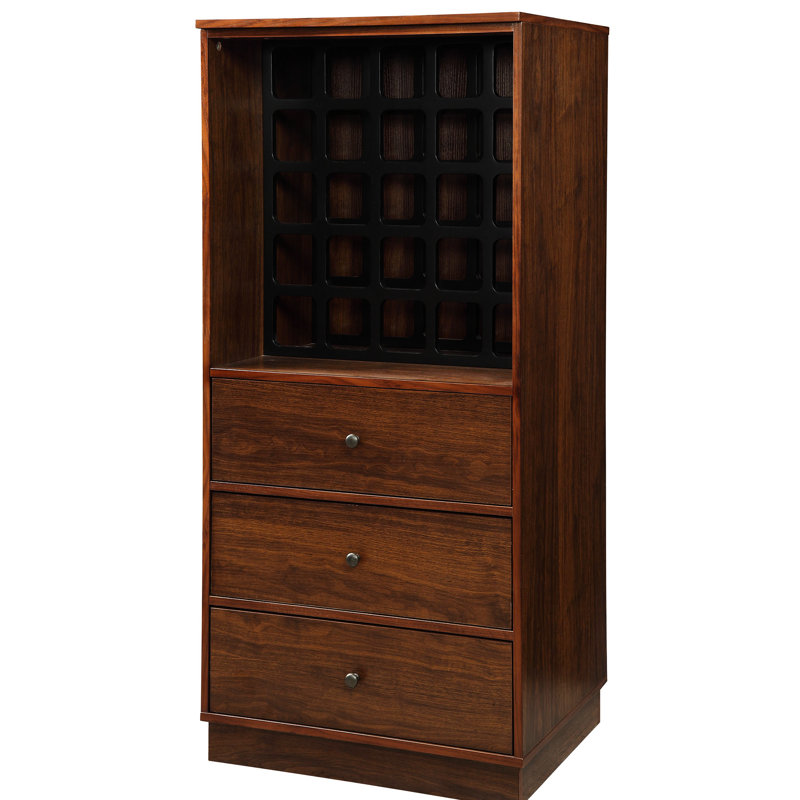 Armoire à vin à finition noyer, 25 compartiments, 3 tiroirs latéraux, porte-bouteilles en noyer, peut contenir 25 bouteilles
