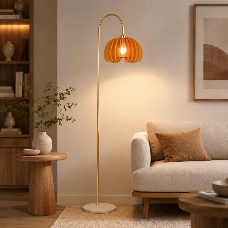 Lampadaire moderne de style Mid-Century à 1 lumière (165 cm) avec abat-jour en bois couleur citrouille et base en marbre (ampoule incluse)
