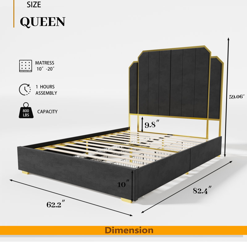 Queen Size Bed Frame And 59.06" Headboard, Upholstered Bed With Golden Plating Trim, Modern Platform Bed No Box Spring Needed