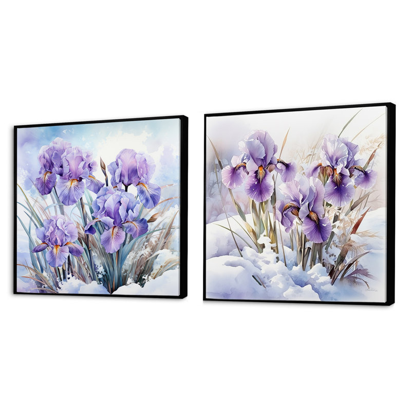 Mauve mauve iris en hiver - ensemble de 2 collages carrés iris, Cadre flottant noir, H 16 po x l 33 po