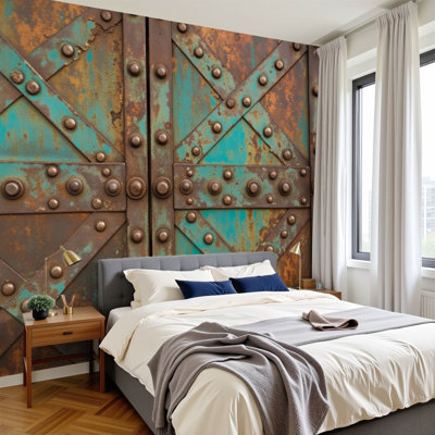 Peel and Stick Wallpaper Rustic Industrial Metal Door Riveted Weathered Patina Wall Murals 100"H x 144"W Removable PVC Wall Paper Self-Adhesive Wall Paintings Art Decor for Bedroom Living Room