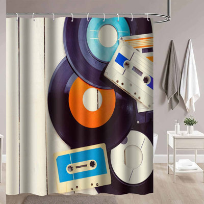 Vintage Vinyl Vibes Shower Curtain - Retro Gramophone & Cassette Design, Fabric with 12 Hooks