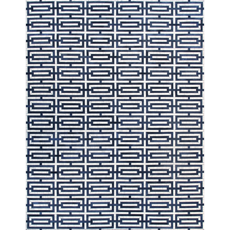 Geometric Handmade Cowhide Area Rug in Silver/Navy