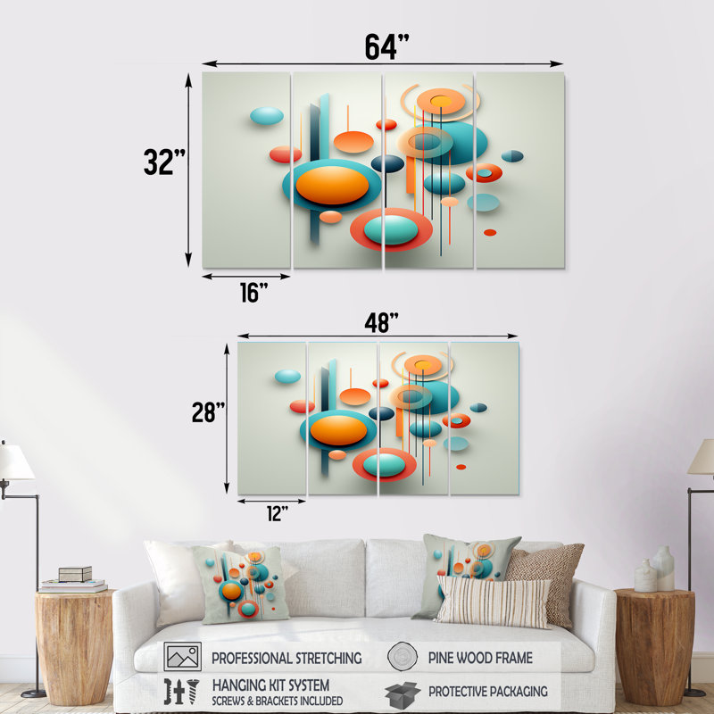 «Ascendant», art mural bleu Mid-Century 4 pièces, H 32 po x l 64 po