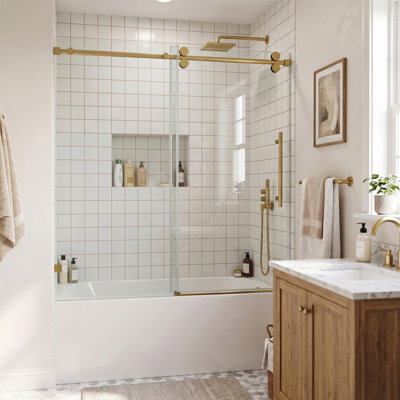 Porte de douche coulissante simple sans cadre, verre trempé de 10 mm (3/8 po) avec pellicule anti-éclats, roulettes silencieuses en acier inoxydable