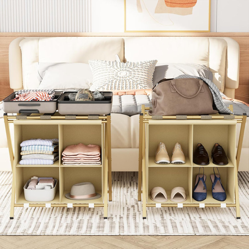 Ensemble de 2 porte-bagages avec rangement, valises pliantes pour chambre d'amis, pouvant supporter jusqu'à 120 lb, Doré