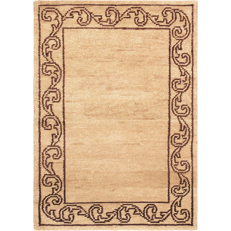 Tapis de zone en laine beige/brune 4 pi x 5 pi 10 po one-of-kind à la main noué la