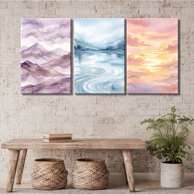 Aquarelle, paysage de montagne dorée - ensemble de 3 impressions sur toiles tendues de qualité supérieure
