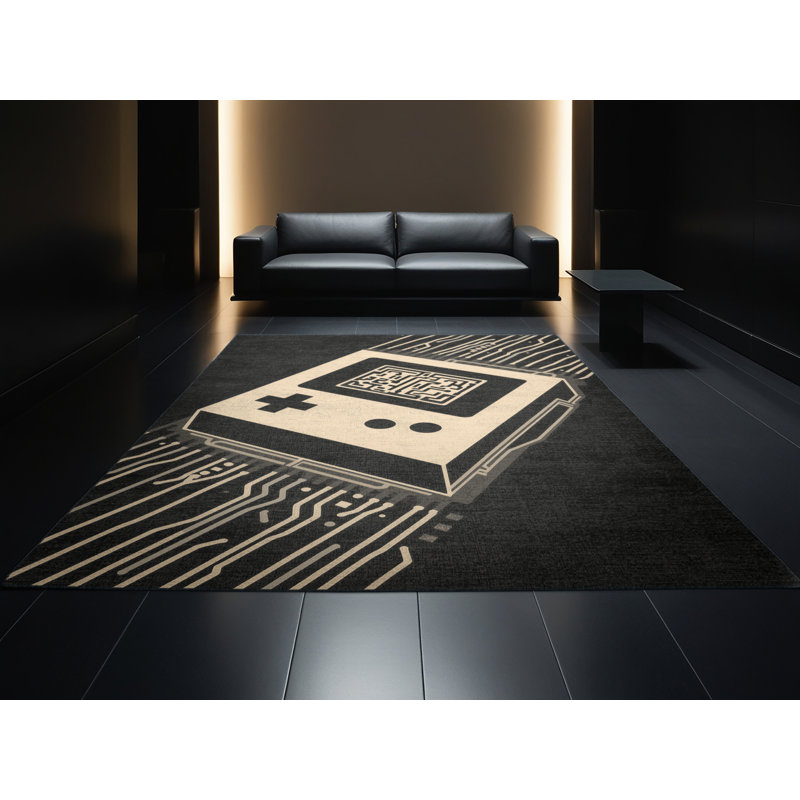 Tapis à motif géométrique rétro gris et noir lavable à la machine Osnas Console, 8 x 12