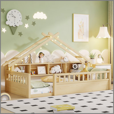 Twin Size Floor Bed with Light, Wood Floor Bed with Storage Bookshelves, Floor Bed with Roof Shape for Kids,Natural