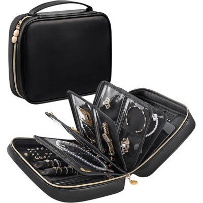 Large Jewelry Binder Book with Individual Pouches, Portable Leather Zippered Bag for Jewelry Storage, Travel Jewelry Case, Gift for Women -Black