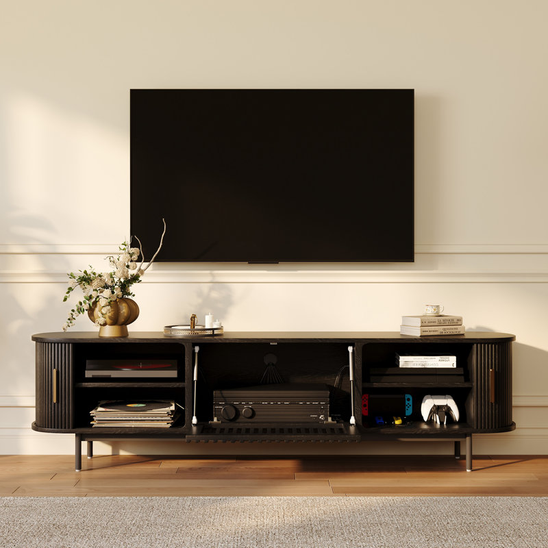 Mid-Century Modern TV Stand, Sliding Door, Fully Assembly, 21.25"H x 70.87"L x 15.75"W, Black