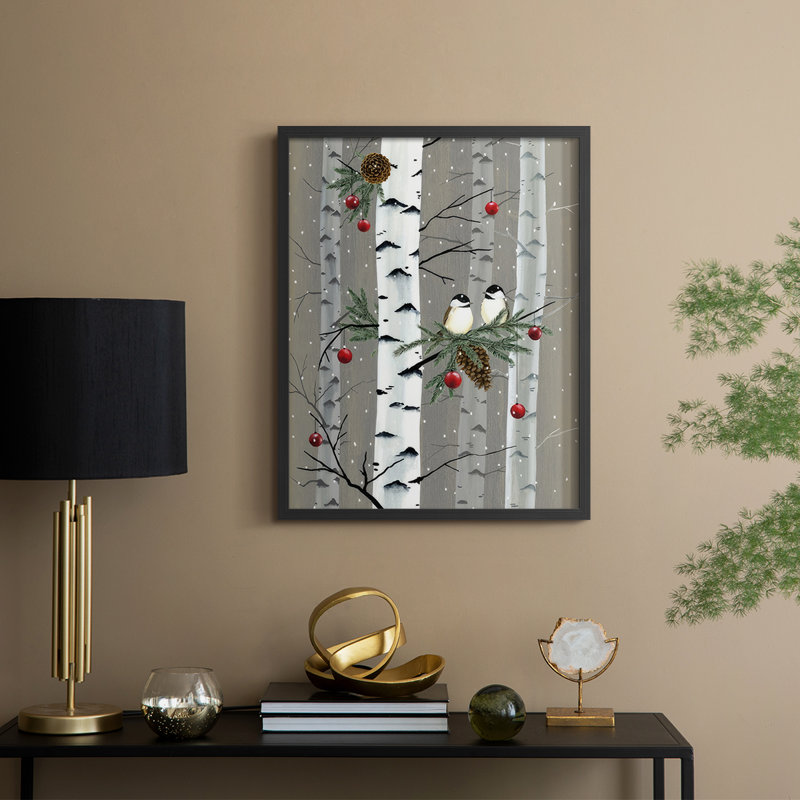 Birch Birds I, reproduction encadrée - bois massif, H 15 po x l 12 po, Noir, noir, noir, noir