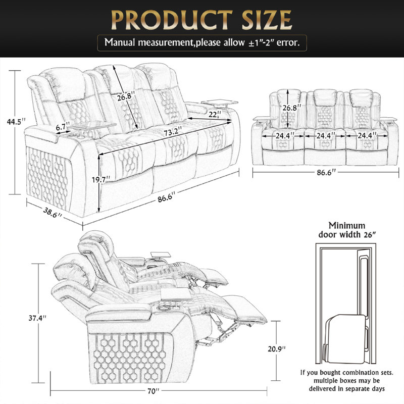 Ensemble 3 pièces de fauteuil inclinable électrique 86,6 po Roomfitter