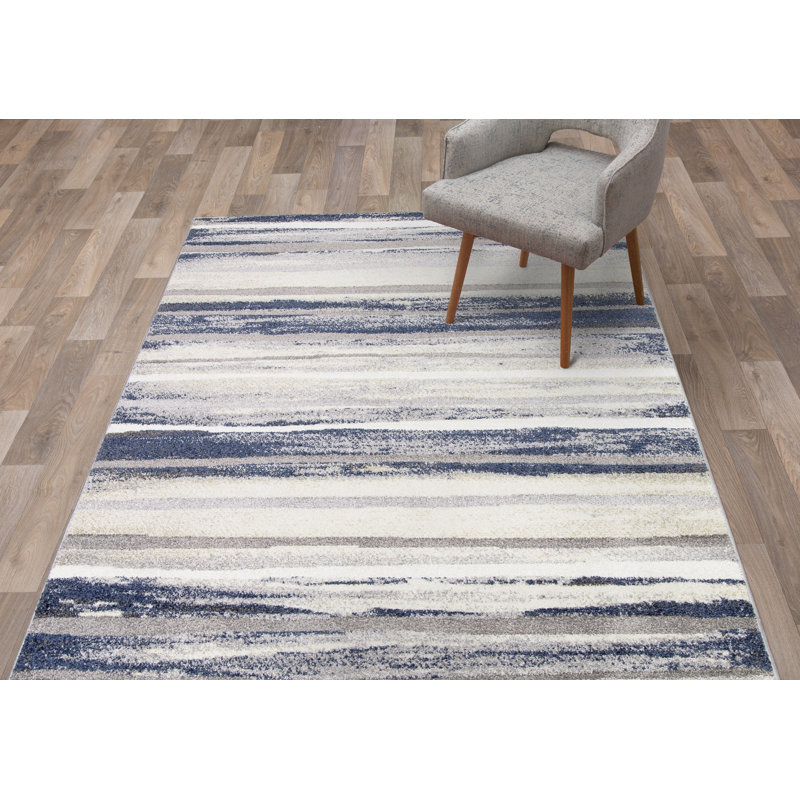 Tapis rayé bleu / gris Roseman, Rectangle 6 pi 7 po x 9 pi 3 po