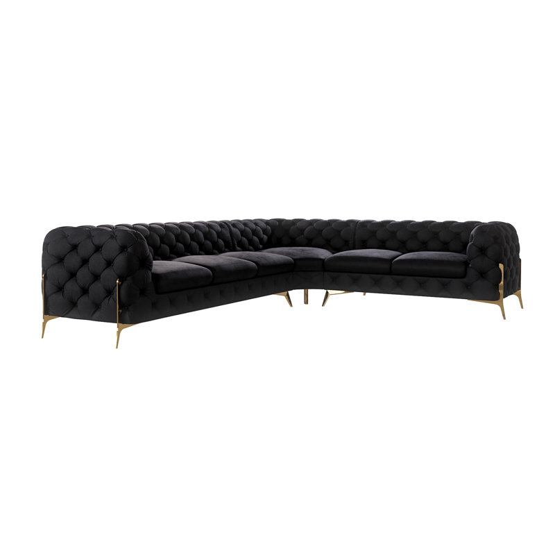 Chesterfield Corner Sofa L-Shape  with Gold Metal Legs, Black, Left Hand Facing