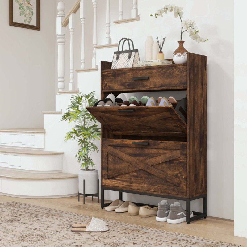 Narrow Shoe Cabinet With 2 Flip Doors And Top Drawer, Rustic Brown