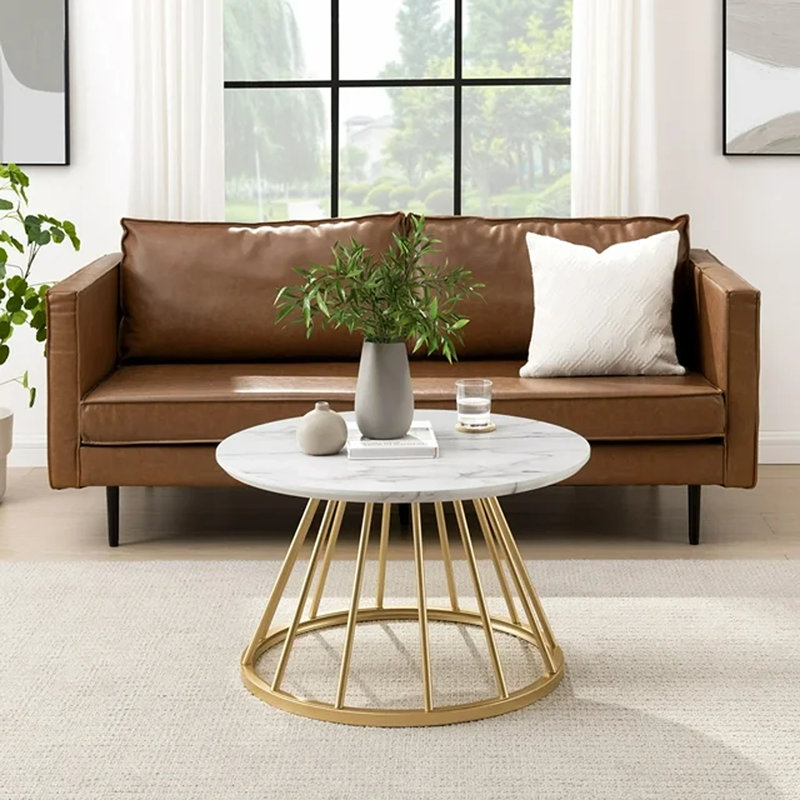 Table basse Lauryna, Faux marbre blanc, Doré