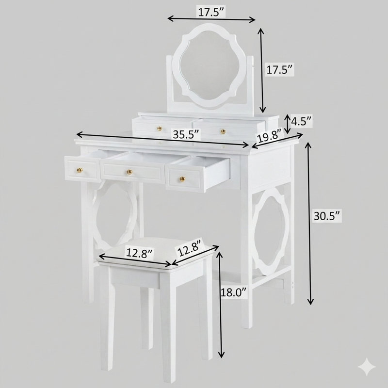 Coiffeuse compacte avec miroir réversible. Cet ensemble de coiffeuse est livré avec un tabouret et est une station de beauté compacte conçue pour les petits espaces, en blanc.