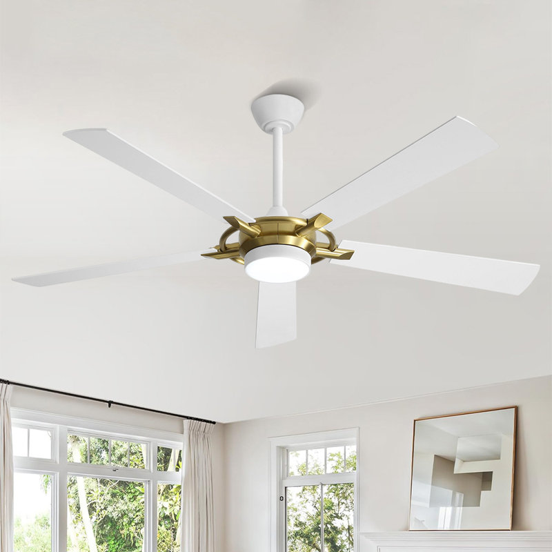 60 po Ventilateur de plafond intérieur avec ensemble d'éclairage et télécommande, Or, Blanc
