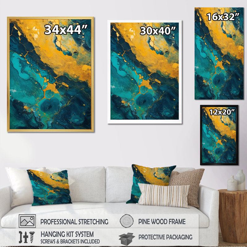 «Golden Sunset over Teal Ocean», reproduction d'art sur toile, H 32 po x l 16 po x P 1 po, Cadre flottant noir