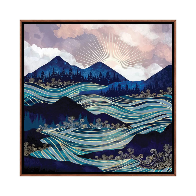 Ocean Sunrise - impression d'art graphique, H 18 po x l 18 po x 1,5 po, Aucun mat, Toile avec cadre en bois brun classique
