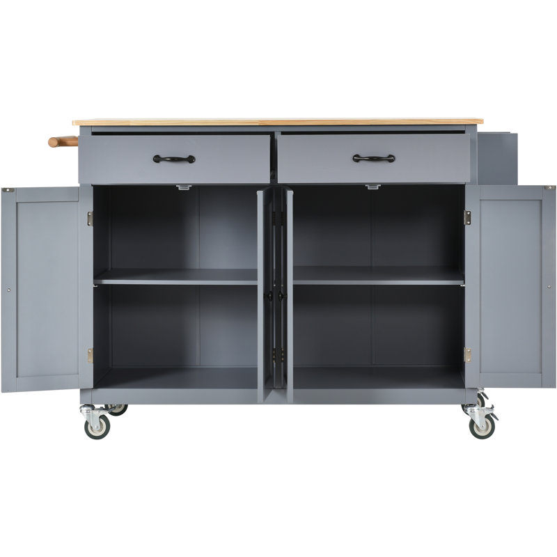 Grey Blue Kitchen Island Cart With Firm Solid Wood Tabletop, 4 Door Cabinet, 2 Drawers, Spice & Towel Rack, Locking Wheels Cabinet And Convenient  Grey