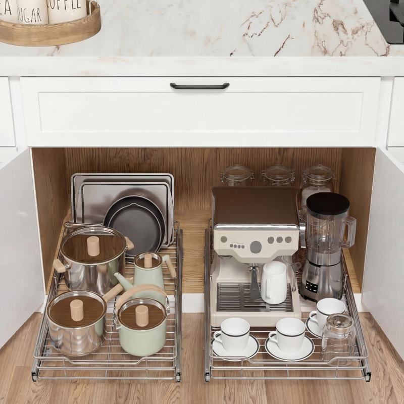 Rangement robuste pour armoire coulissante - Tablette coulissante chromée avec tiroir à fermeture en douceur à extension complète, facile à installer et à nettoyer, capacité de 50 lb - pour casseroles, poêles, sous le lavabo - 14 po x 21 po