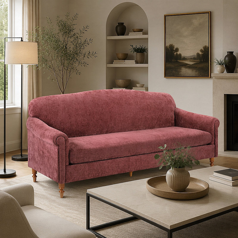 Élégante causeuse 2 places avec accoudoirs roulés et tissu chenille, Red Chenille