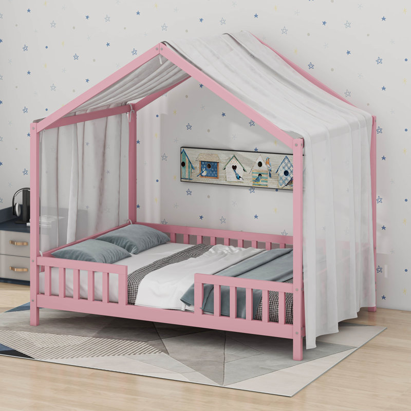 Cadre de lit House avec auvent, lit sur pied, lit House, Double, Rose