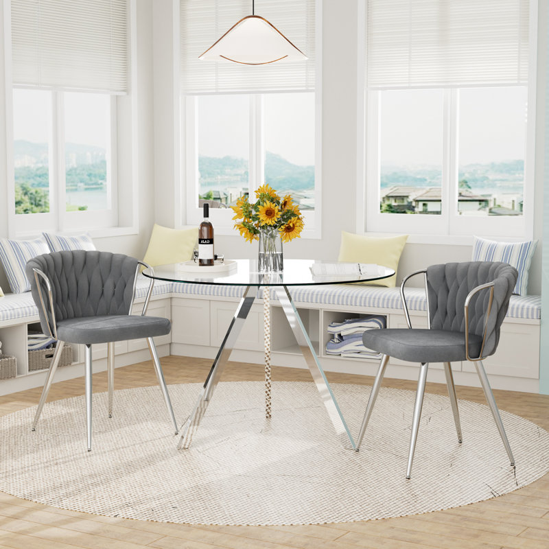 Ensemble de table ronde en verre pour 2 à 4 personnes, H 29,5 po x l 39,2 po x P 39,2 po, 3 pièces: table, 2 chaises, Gris