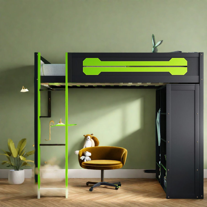 Lit mezzanine en bois vert moderne peu encombrant avec bureau et lumière RVB