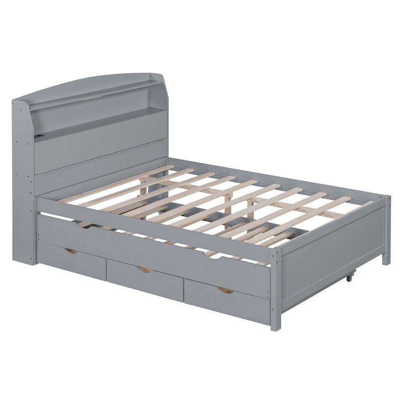 Lit plateforme en bois avec lit gigogne et tête de lit à DEL avec tiroirs, Gris, Lit double