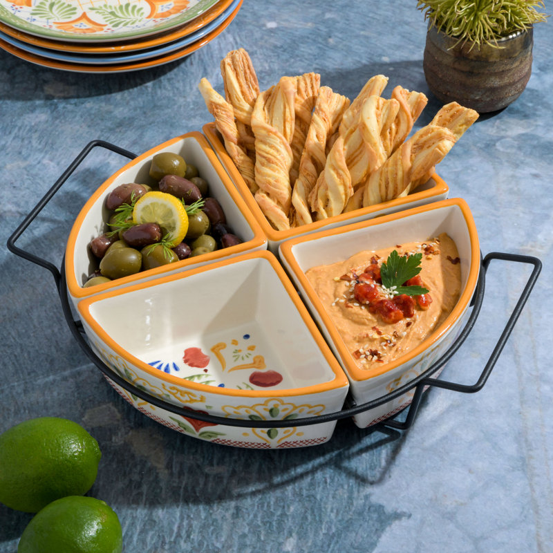 Hand Painted Dinnerware Set, 4-Section Tidbit Dish W/Metal Rack, Assorted