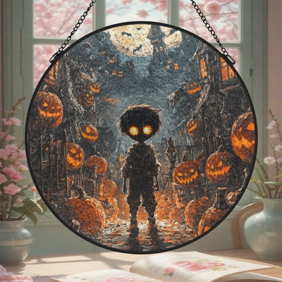 Garçon au milieu de citrouilles d'Halloween