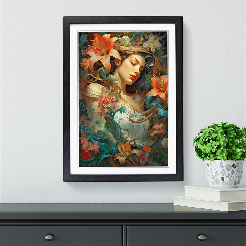 Lily Flower Rococo - Single Picture Frame Print on Wood, Black Framed, 46cm H x 34cm W x 2cm D