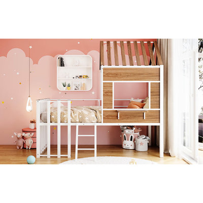 Lit mezzanine simple en métal, blanc. Structure sans sommier. Maison en forme de toit Barrières de sécurité pour. Meilleur environnement de sommeil. 78 po x l 41 po x H 76,5 po. Assemblage requis. Lit blanc.