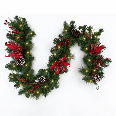 Guirlande de Noël pré-illuminée de 1,80 m avec 30 lumières DEL, poinsettias à carreaux, pommes de pin et baies rouges
