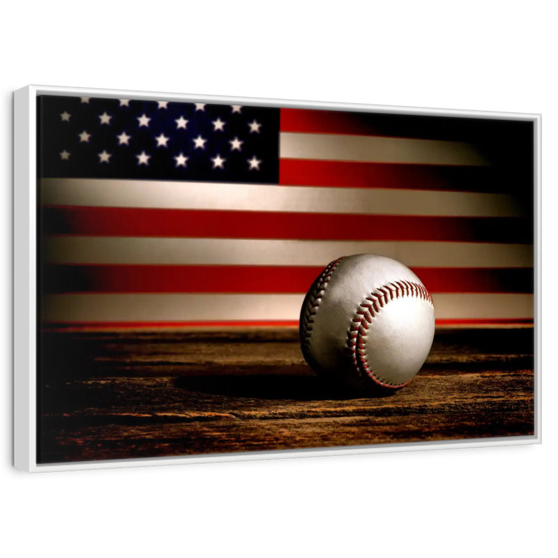 Baseball American Flag, Floating Frame White, 19" X 13"