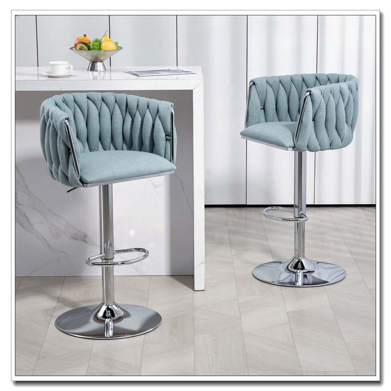 360° Swivel Adjustable Height Bar Chairs Bar Stools with Woven Back & Footrest for Kitchen Island, Cafe, Pub, Blue
