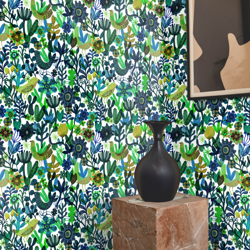 Blue Botanical Birds Scandinavian Wallpaper