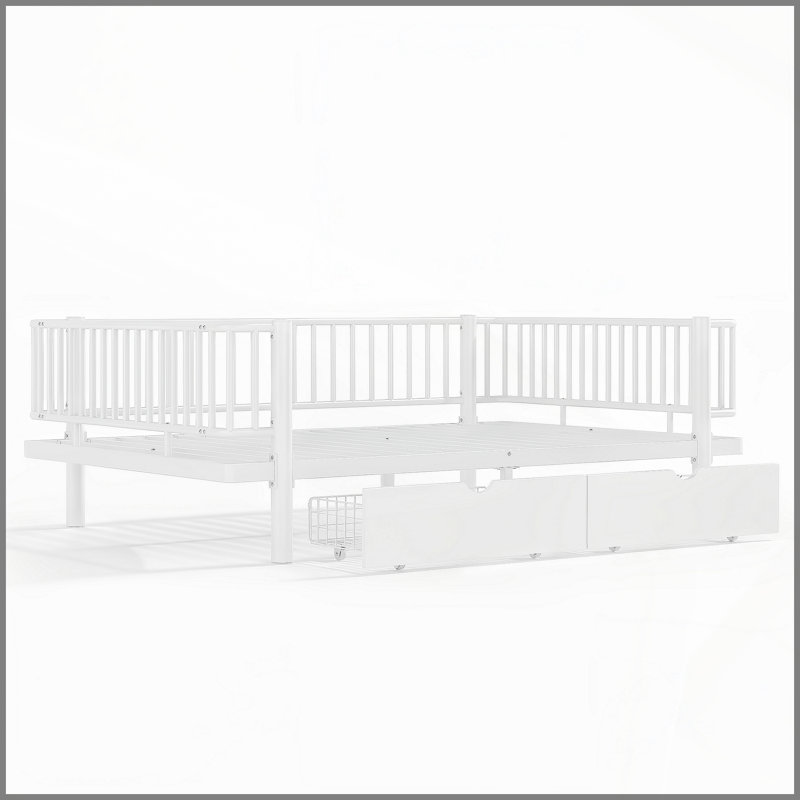 Lit plateforme double avec tiroirs de rangement, structure de lit de jour en métal avec conception de tuyau rond de sécurité améliorée, conception à profil bas, blanc